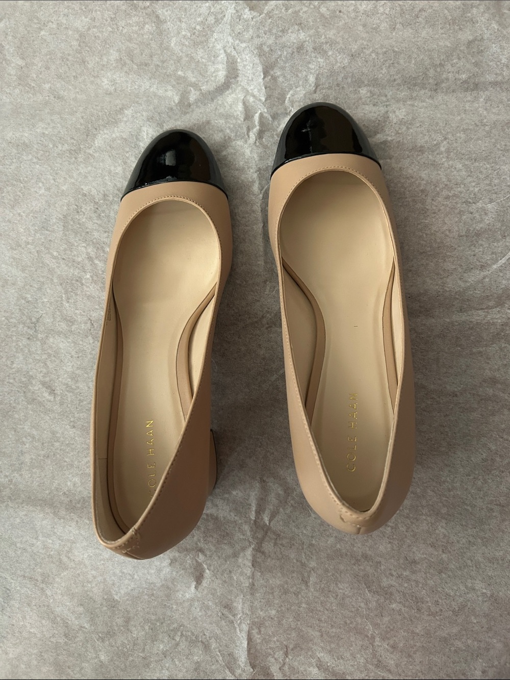 Cole Haan Dawna Grand Nude Leather Block Heels with Black Patent Leather Cap-Toe